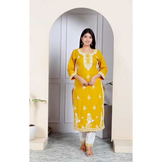 Nayi Nazar Mustard Chikankari Cotton Suit Set