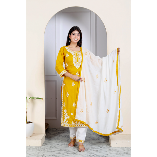 Nayi Nazar Mustard Chikankari Cotton Suit Set