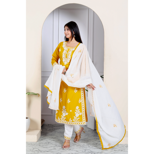 Nayi Nazar Mustard Chikankari Cotton Suit Set