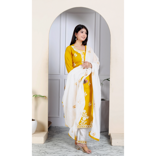 Nayi Nazar Mustard Chikankari Cotton Suit Set