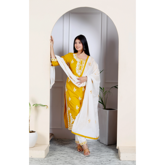Nayi Nazar Mustard Chikankari Cotton Suit Set