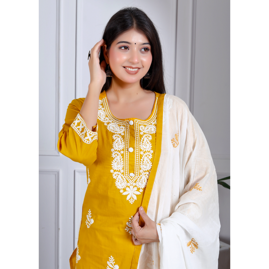 Nayi Nazar Mustard Chikankari Cotton Suit Set