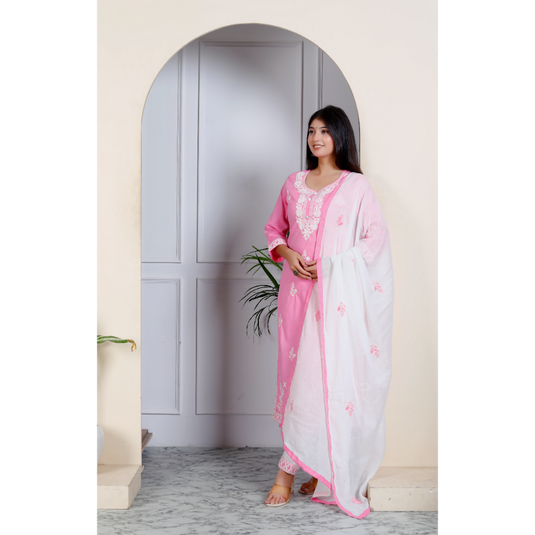 Nayi Nazar Rose Pink Chikankari Cotton Suit Set