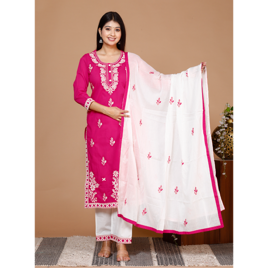 Nayi Nazar Rani Chikankari Cotton Suit Set