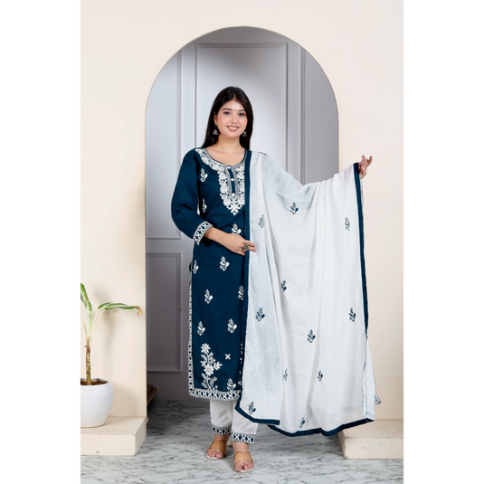 Nayi Nazar Blue Chikankari Cotton Suit Set