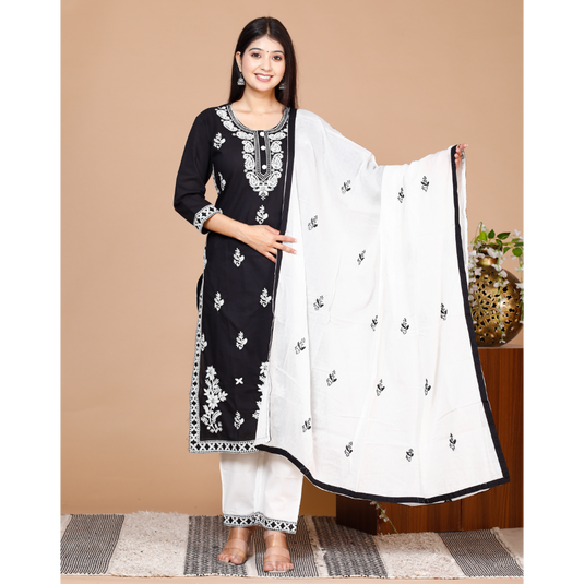 Nayi Nazar Black Lucknowi Cotton Suit Set