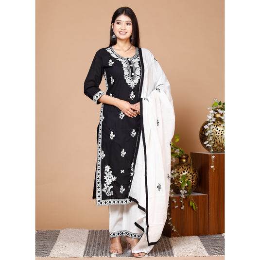 Nayi Nazar Black Lucknowi Cotton Suit Set