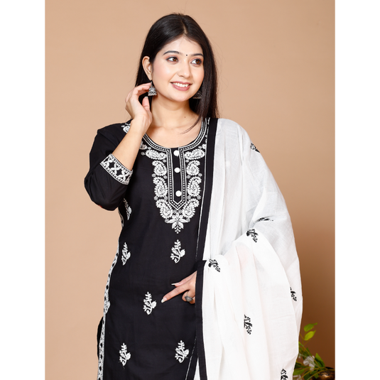 Nayi Nazar Black Lucknowi Cotton Suit Set