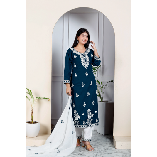 Nayi Nazar Blue Chikankari Cotton Suit Set
