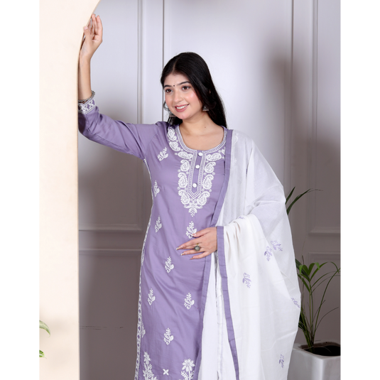 Nayi Nazar Purple Chikankari Cotton Suit Set
