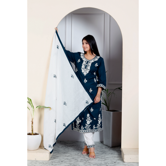 Nayi Nazar Blue Chikankari Cotton Suit Set