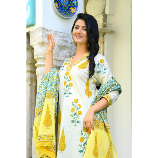 Nayi Nazar Beautiful Yellow Block Print Suit Set