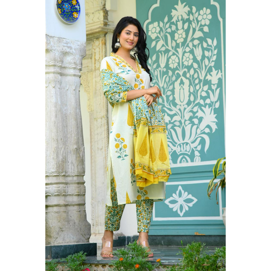 Nayi Nazar Beautiful Yellow Block Print Suit Set