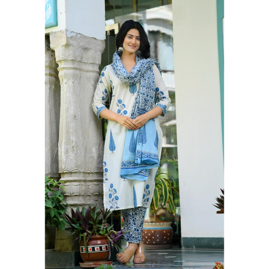 Nayi Nazar Beautiful Blue Block Print Suit Set