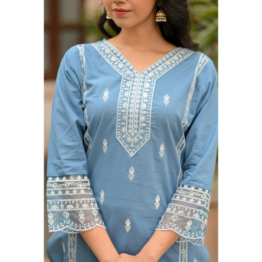 Nayi Nazar Blue Shooting Sea Cotton Suit Set