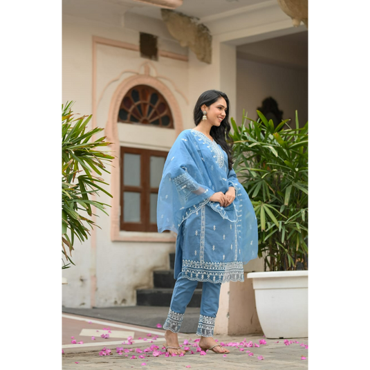 Nayi Nazar Blue Shooting Sea Cotton Suit Set
