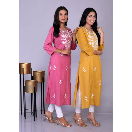 Nayi Nazar Mustard Cotton Chikankari Straight Kurta