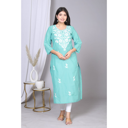 Nayi Nazar Green Cotton Chikankari Straight Kurta