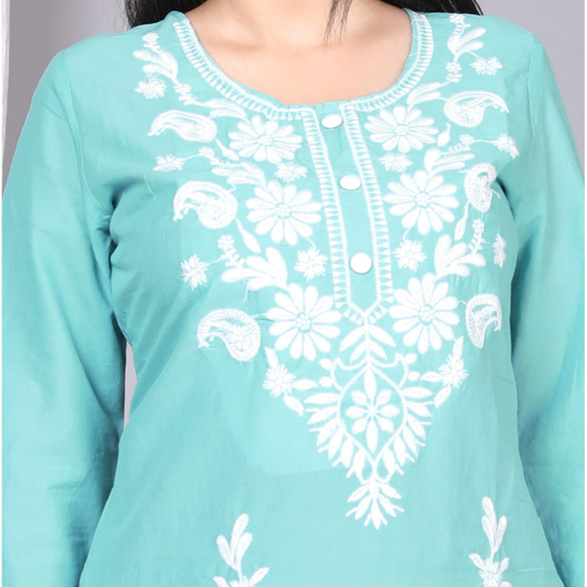 Nayi Nazar Green Cotton Chikankari Straight Kurta