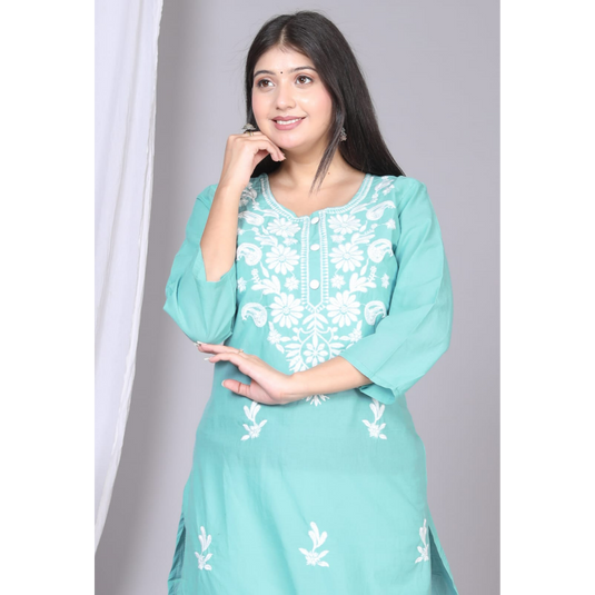 Nayi Nazar Green Cotton Chikankari Straight Kurta