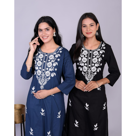 Nayi Nazar Black Cotton Chikankari Straight Kurta