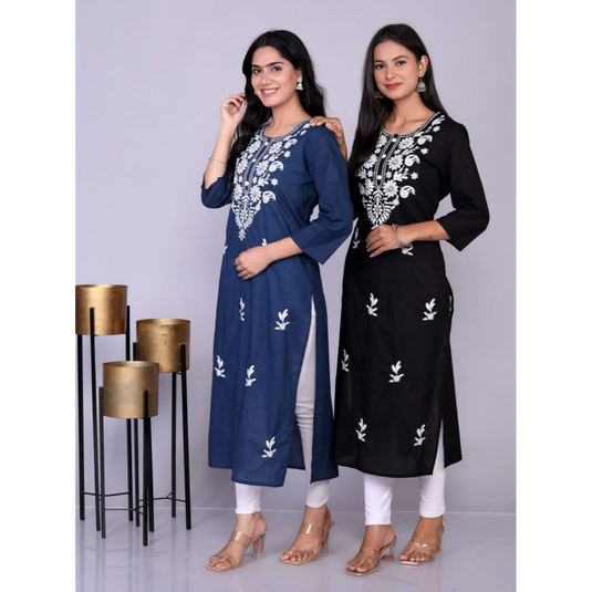 Nayi Nazar Black Cotton Chikankari Straight Kurta