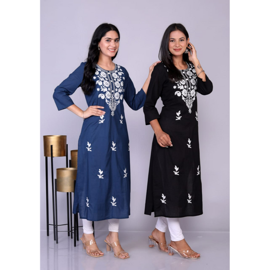Nayi Nazar Black Cotton Chikankari Straight Kurta