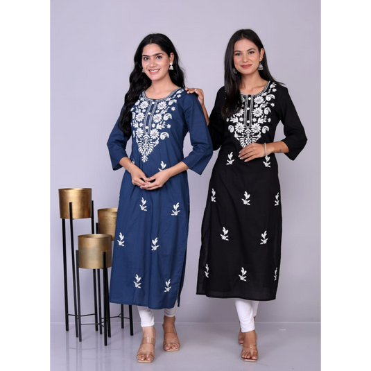 Nayi Nazar Black Cotton Chikankari Straight Kurta