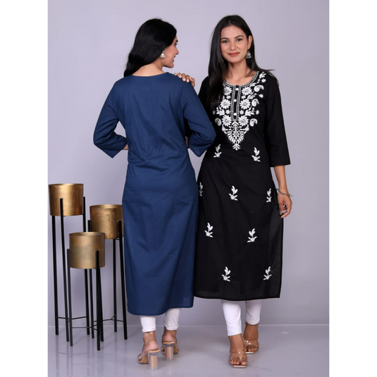 Nayi Nazar Black Cotton Chikankari Straight Kurta