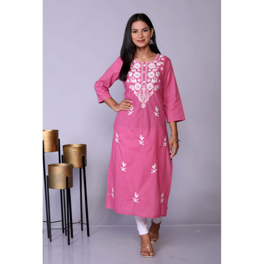 Nayi Nazar Pink Cotton Chikankari Straight Kurta