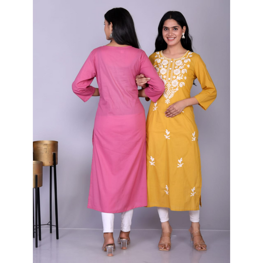 Nayi Nazar Mustard Cotton Chikankari Straight Kurta