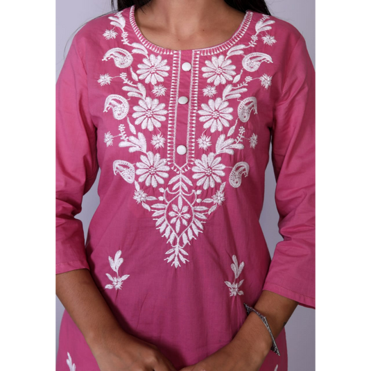 Nayi Nazar Pink Cotton Chikankari Straight Kurta