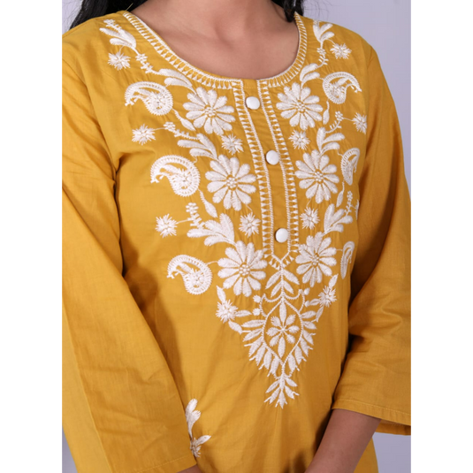 Nayi Nazar Mustard Cotton Chikankari Straight Kurta