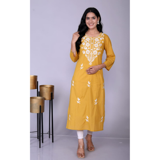 Nayi Nazar Mustard Cotton Chikankari Straight Kurta