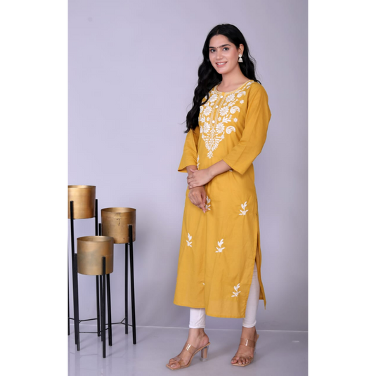 Nayi Nazar Mustard Cotton Chikankari Straight Kurta