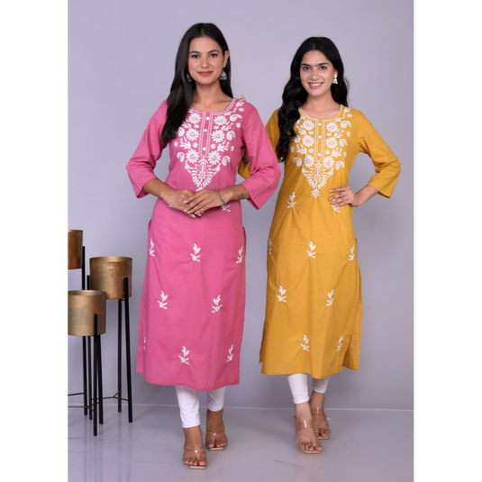 Nayi Nazar Pink Cotton Chikankari Straight Kurta
