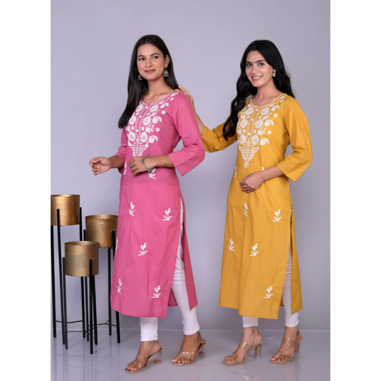 Nayi Nazar Mustard Cotton Chikankari Straight Kurta