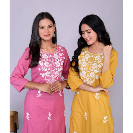 Nayi Nazar Mustard Cotton Chikankari Straight Kurta