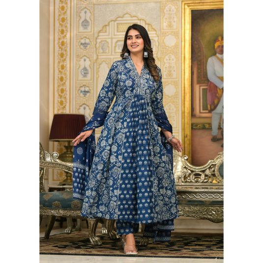 Nayi Nazar Blue Flared Cotton Suit Set