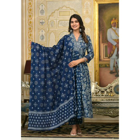 Nayi Nazar Blue Flared Cotton Suit Set