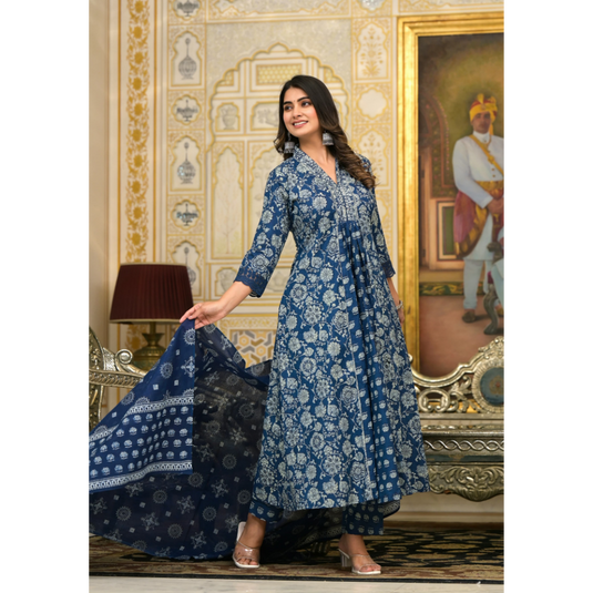 Nayi Nazar Blue Flared Cotton Suit Set