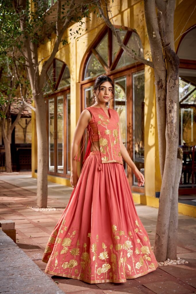 Coral Lotus Embroidered Lehenga Set