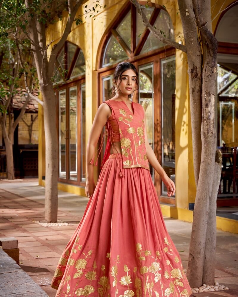 Coral Lotus Embroidered Lehenga Set